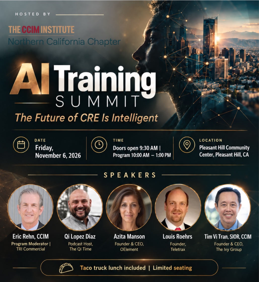 AI Training Summit invite: Friday, November 6, 2026, Pleasant Hill Community Center, doors open 9:30 AM, program 10:00 AM to 1:00 PM. Speakers Eric Rehn, Qi Lopez Diaz, Azita Manson, Louis Roehrs, and Tim Vi Tran.